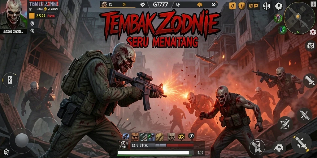 Tampilan antarmuka GT777 saat melawan zombie yang menyeramkan.
