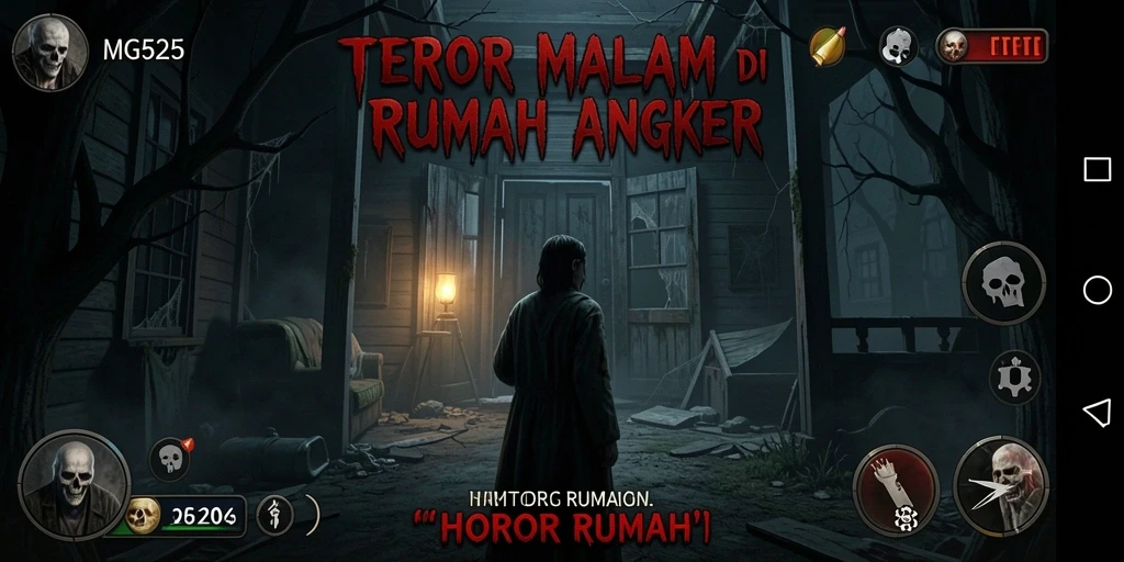 Antarmuka menampilkan suasana mencekam dari game Horor Rumah.