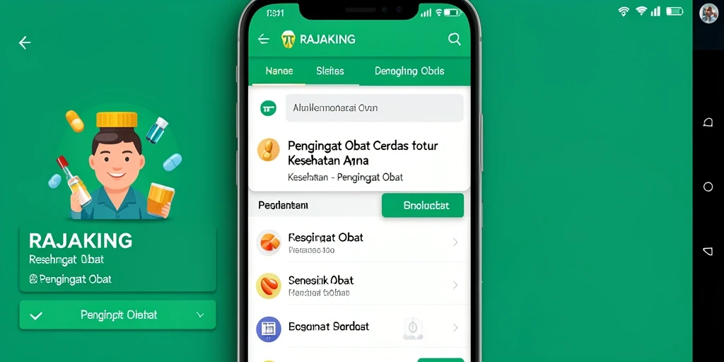 Tampilan antarmuka aplikasi RAJAKING dengan fitur pengingat obat yang menarik.