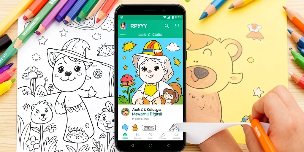 Antarmuka aplikasimewarnai digital yang ceria dan interaktif.
